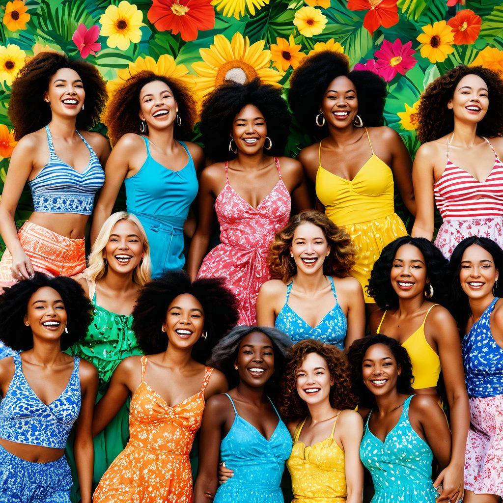 A joyful, diverse group of models of different body types wearing vibrant summer fashion, laughing and embracing each other under a bright sun. The background showcases a sunny beach or a colorful garden, symbolizing freedom and positivity. Include elements like beach accessories, flowers, and soft waves in the distance. Emphasize warmth and happiness in their expressions. super-realistic. vibrant colors. bright background.